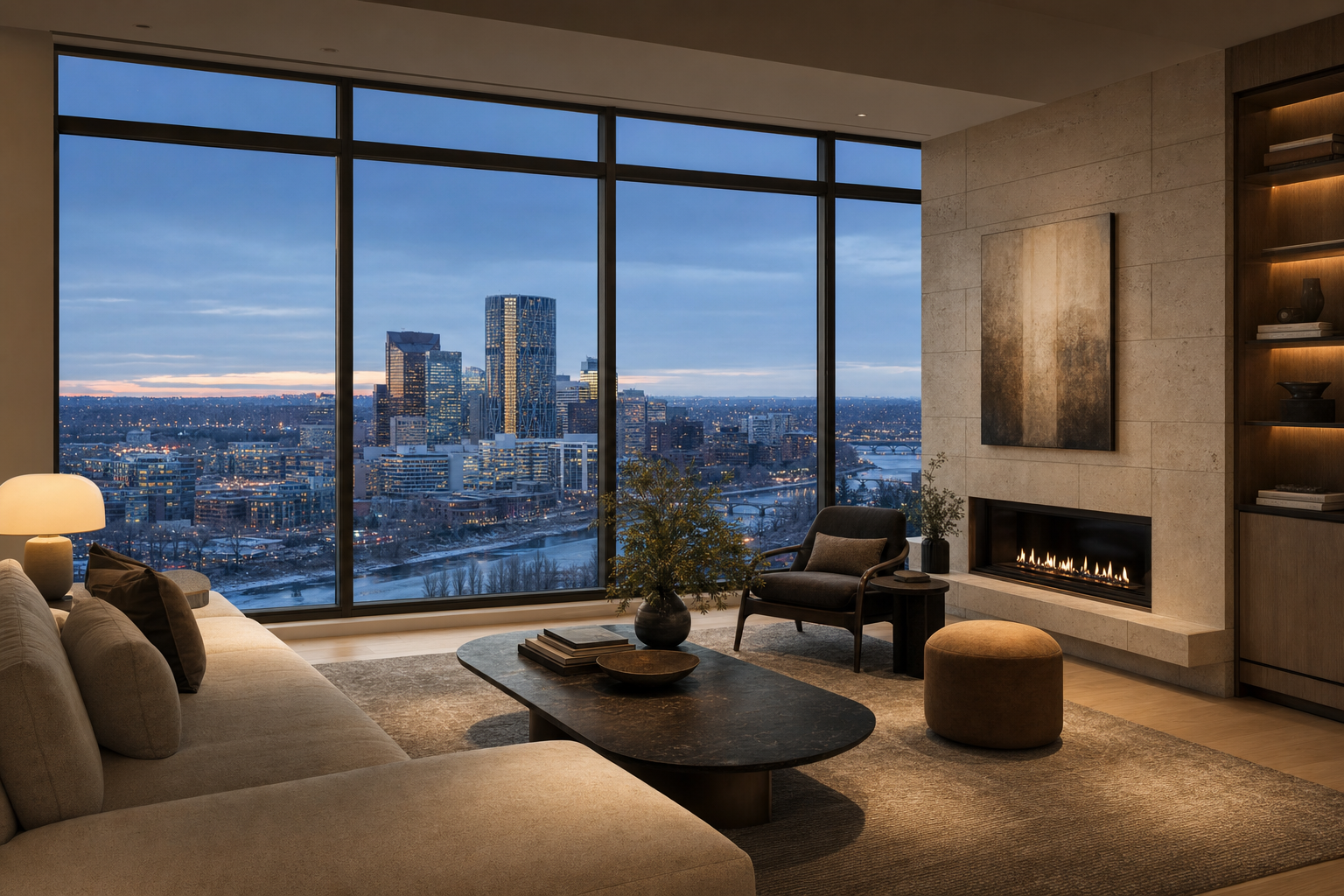 Refined Calgary luxury condominium interior at blue hour — editorial illustration.