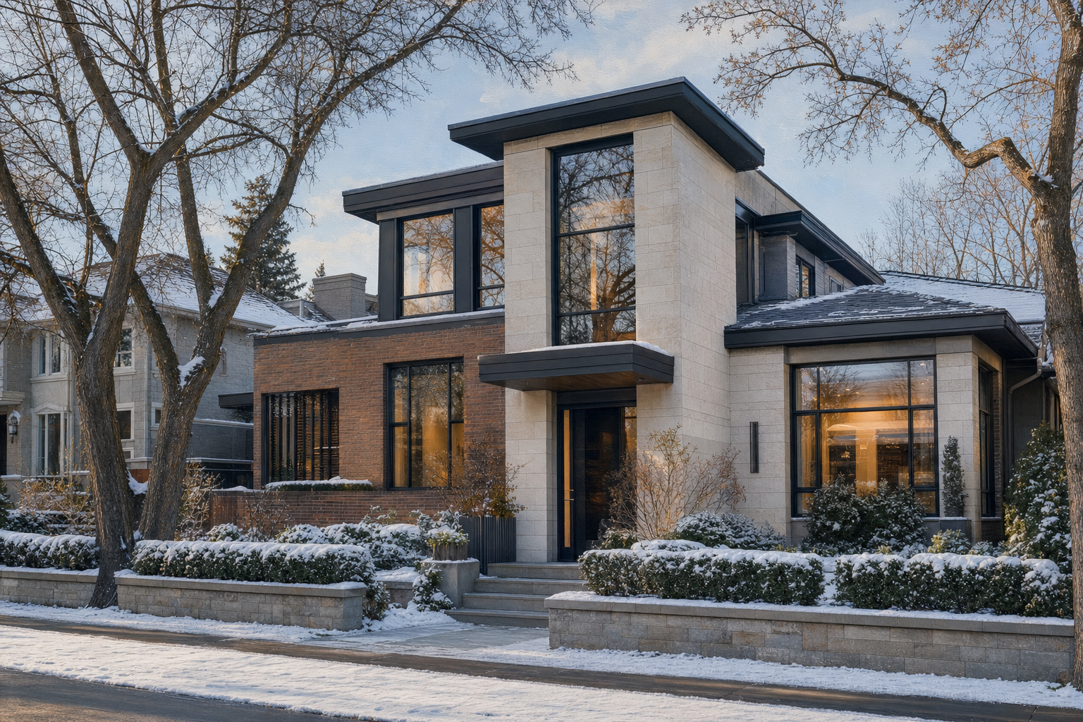 Inner-city Calgary luxury residence in realistic winter light — editorial illustration.