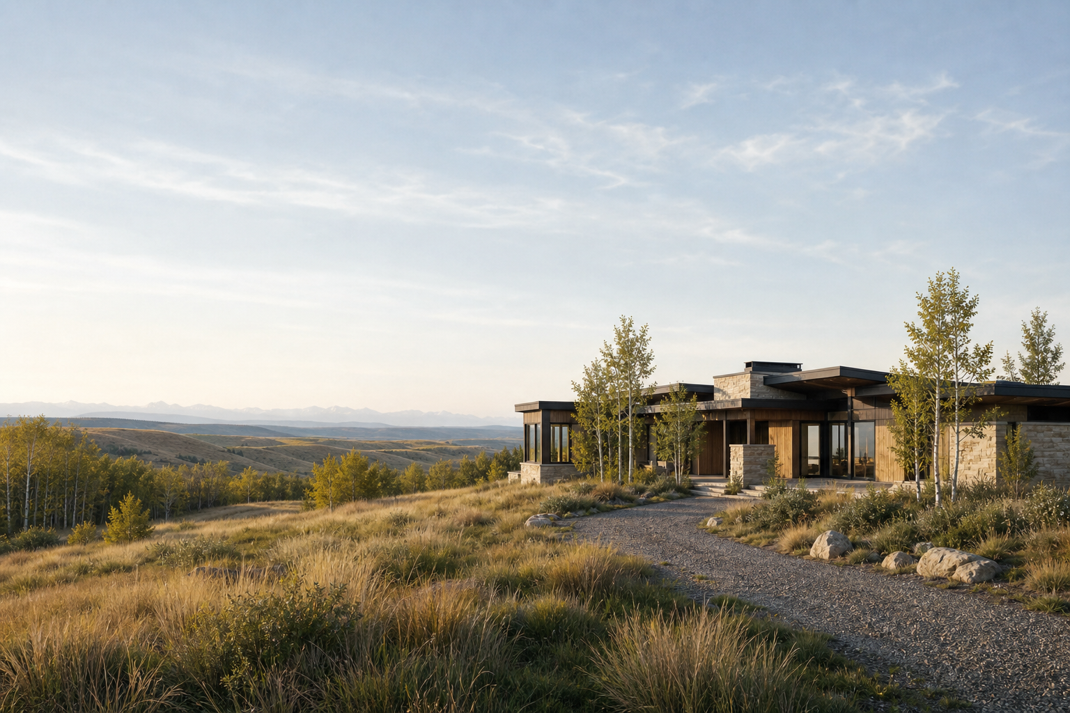Contemporary country estate in the foothills west of Calgary — editorial illustration.